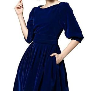 Beautiful Blue Velvet Swing Dress with Pockets